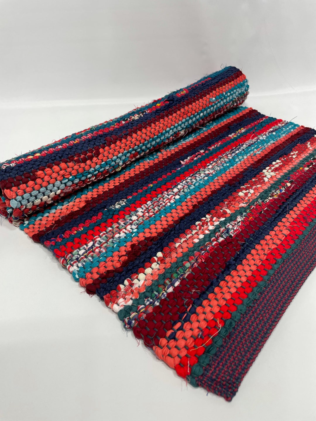 Handwoven Country Farmhouse Rag Rug Table Runner/red and Blue Etsy