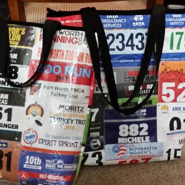 Race Bib Bag or Race Shirt  Tote Bags made from your race bibs or race shirts