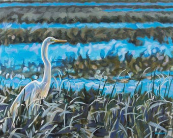 Crane bird acrylic painting, Coastal art