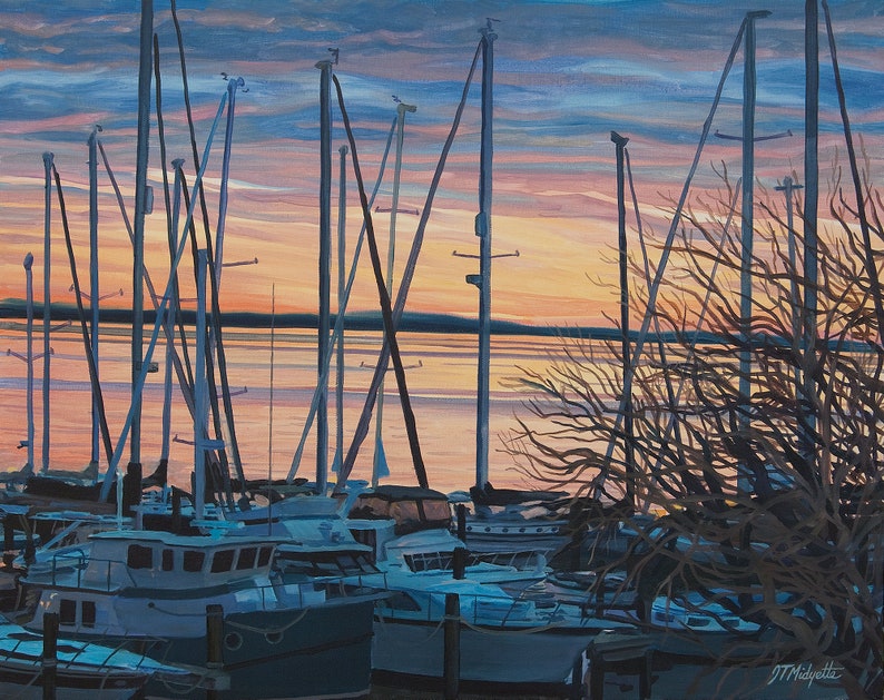 Sailboat Marina at Sunset Oil Painting, Yachts in Their Slips in Oriental, NC Etsy