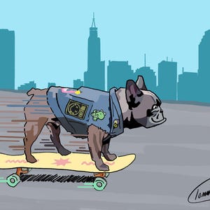Skateboarding Dog in Raleigh digital cartoon drawing
