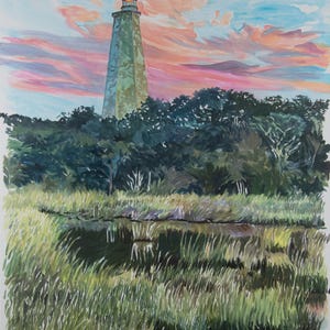 Old Baldy Lighthouse sunset oil painting