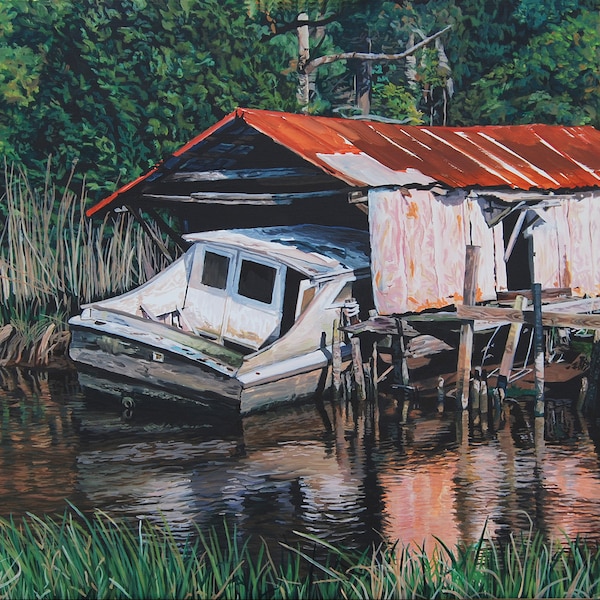 Boat in decay, A weathered old fishing ship near Oriental NC, sinking