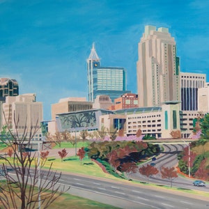 Raleigh NC downtown skyline acrylic painting, wall decor