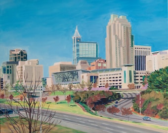 Raleigh NC downtown skyline acrylic painting, wall decor