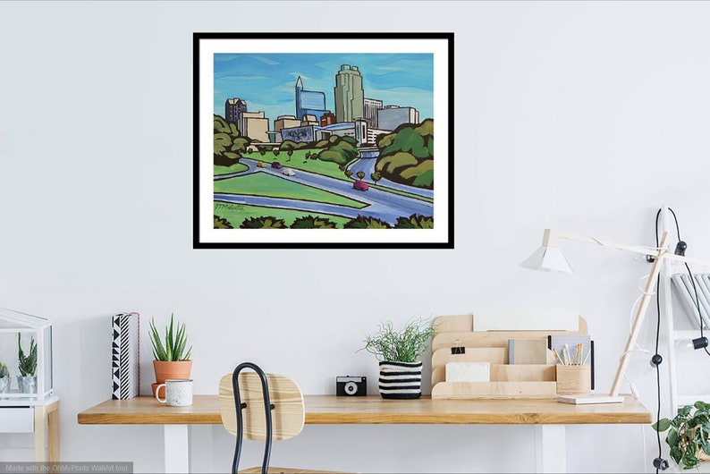 Raleigh, NC skyline whimsical painting. downtown Raleigh cartoon styled. Raleigh cityscape artwork, Raleigh home decor image 3
