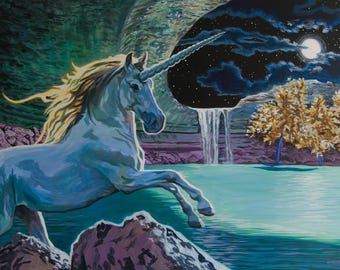 May include: A painting of a white unicorn with a long, spiraled horn, leaping from a rocky shore into a turquoise lake. The background features a waterfall, a night sky with a full moon, and golden trees.