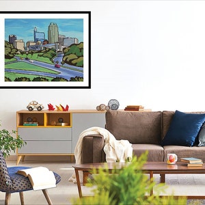Raleigh, NC skyline whimsical painting. downtown Raleigh cartoon styled. Raleigh cityscape artwork, Raleigh home decor image 4