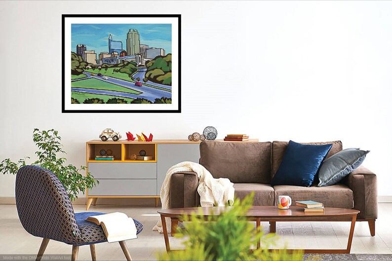 Raleigh, NC skyline whimsical painting. downtown Raleigh cartoon styled. Raleigh cityscape artwork, Raleigh home decor image 4