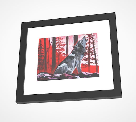 Wolf With Red Sky Acrylic Painting, Howling at the Moon