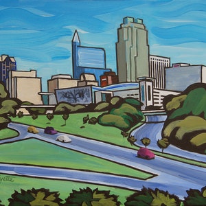 Raleigh, NC skyline whimsical painting. downtown Raleigh cartoon styled. Raleigh cityscape artwork, Raleigh home decor image 1