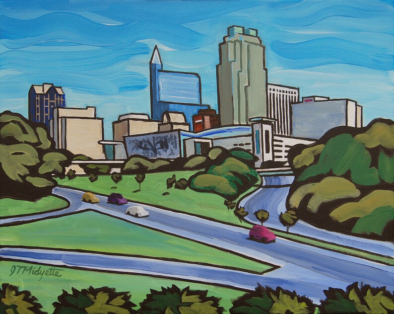 Raleigh, NC skyline whimsical painting. downtown Raleigh cartoon styled. Raleigh cityscape artwork, Raleigh home decor image 1