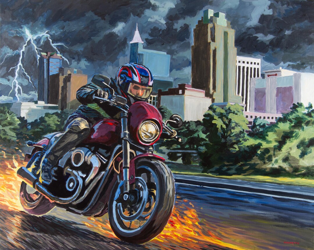 Motorcycle Rider in Downtown Raleigh Acrylic Painting - Etsy