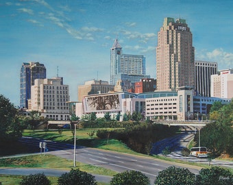 Raleigh, NC skyline painting. Downtown Raleigh, NC on a sunny afternoon. Raleigh artwork home decor