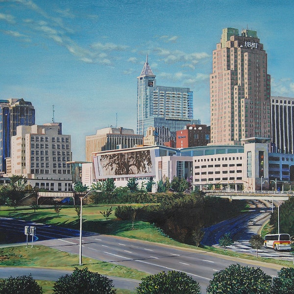 Raleigh, NC skyline painting. Downtown Raleigh, NC on a sunny afternoon. Raleigh artwork home decor