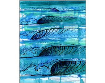 Ocean Wave Art Print, Surf Illustration, Beach Home Decor