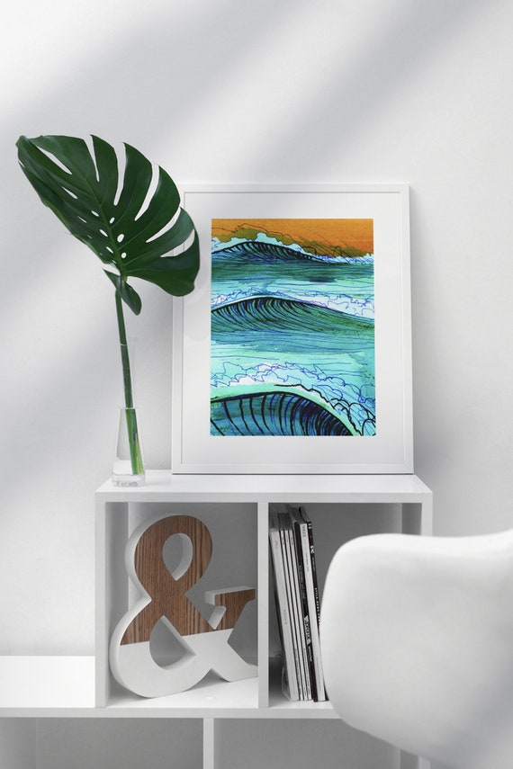 Ocean Wave Art Surf Art Print Surf Decor Beach Style Home Decor Surfing Illustration