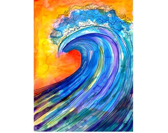 Colorful Ocean Wave Art Print 12"x16" | Sunset Coastal Wall Art | Beach Decor | Abstract Wave Artwork | Surf Art