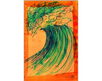 Turquoise Wave Art Print, Tropical Sunset Surf Decor