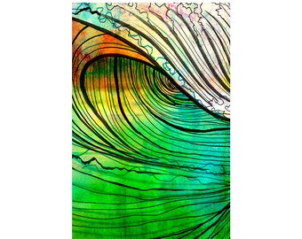 Surf Wave Art Print, Tropical Ocean Watercolor Painting