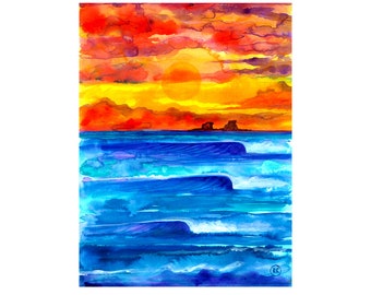Watercolor Sunset Wave Art Print – Ayampe Ecuador Seascape (12"x16")