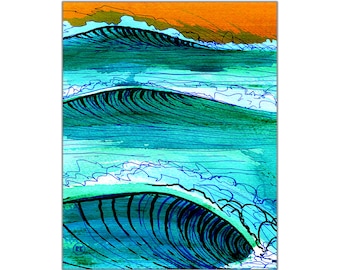 Surf Art Poster Print, Beach Style Home Decor, Ocean Wave Art, Surfing Illustration, Surf Decor, Tropical Print