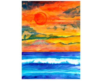 Sunset Ocean Wave Art Print – Tropical Coastal Decor, 12"x16"