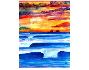 Ayampe Sunset Wave Art Print, Ecuadorian Seascape Poster (12"x16")
