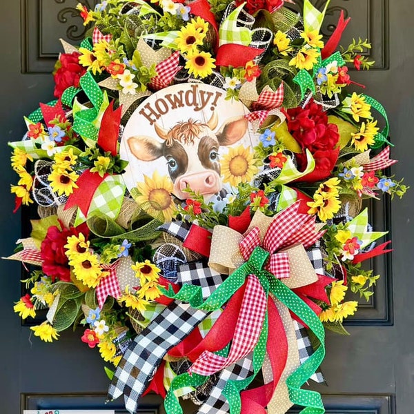 Farmhouse Wreath, Welcome Wreath, Everyday Wreath, Front Door Wreath, Farm Wreath, Cow Wreath, Sunflower Wreath, Mesh Wreath, Door Hanger