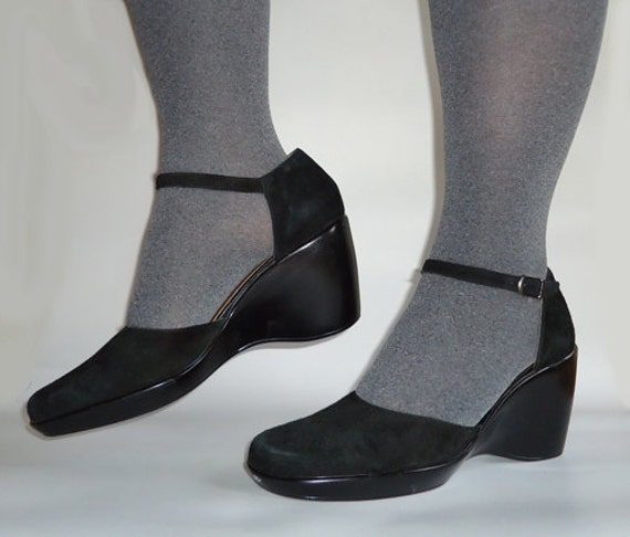 Gama Studio Black Suede Platform Mary Jane Wedges
