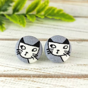 Funny Cat Face Earrings, Grey Fabric Button Earrings, Gift for Crazy Cat Lover, Womens Birthday Gift