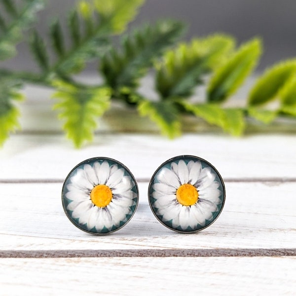 Glass Daisy Flower Earrings with Stainless Steel Posts, Gift Idea Female Friend, Teen Girl Jewellery