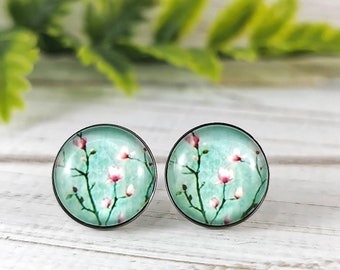 Pink Cherry Blossom Earrings, Light Aqua Blue Jewelry, Sakura Flower, Japanese Blossom, Lightweight Glass Stud Earrings