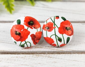 Poppy Earrings 19mm Size, Remembrance Day Poppies, Fabric Button Earrings, Faux Leather Jewellery, Large Stud Earrings, Gift for Women