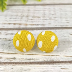 Sunny Yellow Polka Dot Stud Earrings, Cool Earrings for Teens, Fabric Button Earrings, Spotty Jewellery for Women