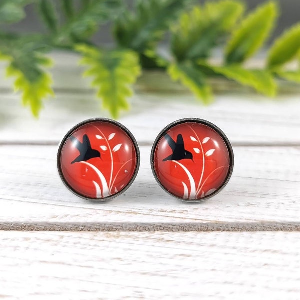 Red Glass Stud Earrings with Honeyeater Bird Black Silhouette, Teen Girl Birthday Gift for Daughter,  Casual Jewellery Women