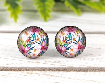 Tropical Pink Hibiscus Flower Small Glass Stud Earrings Stainless Steel Setting