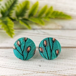 Teal Green & Pink Flower Bud Fabric Button Earrings