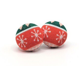 Christmas Themed Fabric Button Stud Earrings, Xmas Jewellery for Women, Fun Earrings for Work