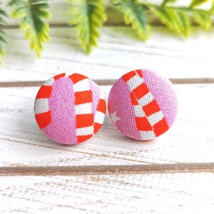 Candy Cane Fabric Button Earrings, Pink Christmas Studs