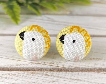 White Cockatoo Earrings, Fabric Button Earrings, Australian Native Birds, Parrot Jewellery Gift for Women, Fun Fashion, Cute Cartoon Bird