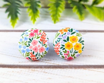 Rainbow Spring Floral Faux Leather Button Earrings, Christmas Gift Idea for Women