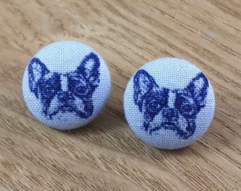 Dog Breed Bulldog Earrings, Fabric Covered Button Stud Earrings