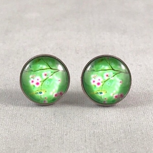 Pink Cherry Blossom Earrings, Green Stud Earrings, Bird Earrings for Girls, Gift for Women, Birthday Gift Ideas Girls, Flower Stud Earrings