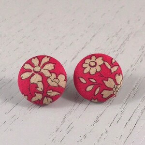 Red Floral Print Liberty London Fabric Button Stud Earrings
