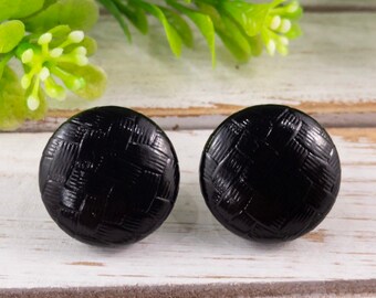 Simple Black Embossed Woven Faux Leather Fabric Button Earrings Minimalist Modern Contemporary Studs Unisex