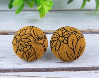 Mustard Yellow Flower Print Fabric Button Earrings, Floral Jewelry Gifts for Her