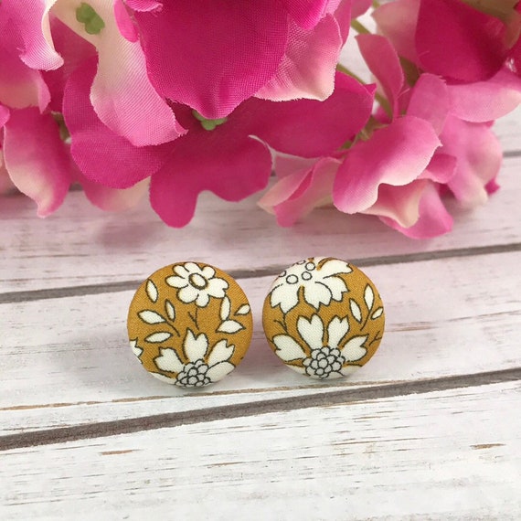 Liberty of London Fabric Button Earrings, Mustard Yellow Floral Stud Earrings for Bridemaids, Bridal Party Jewellery Gifts