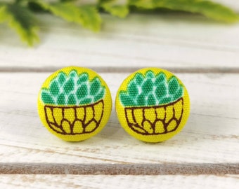 Cactus Succulent 12mm Size Fabric Stud Earrings, Button Earrings, Gift Ideas for Plant Lovers