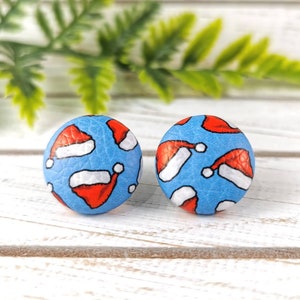 May include: A pair of blue stud earrings with a white and red Santa hat pattern.